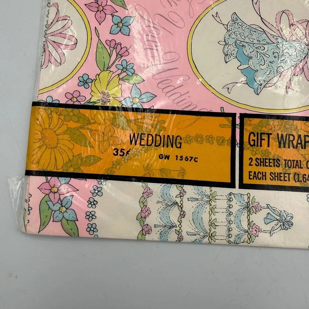 Vintage American Greetings Wedding Gift Wrap 2 Sheets Doves Floral Pink GW 1567C